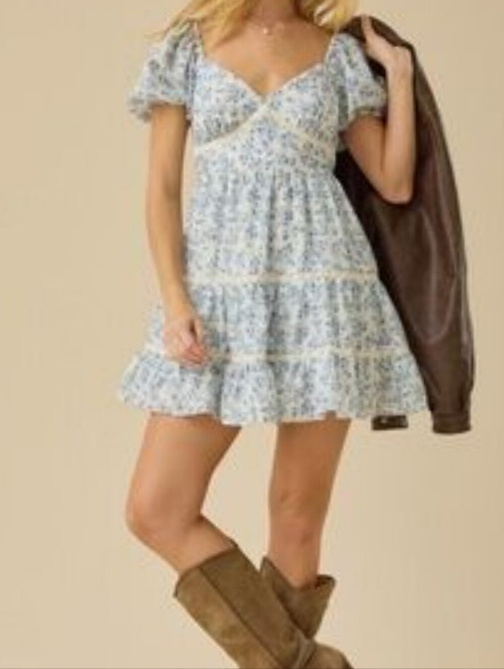 NWT Altar'd State Ivory Blue Floral Puff-Sleeve Western Cottagecore Dress Size M